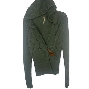 Free People Green Knit Large One Button Sweater Large Cardigan L Wool Boho Gran